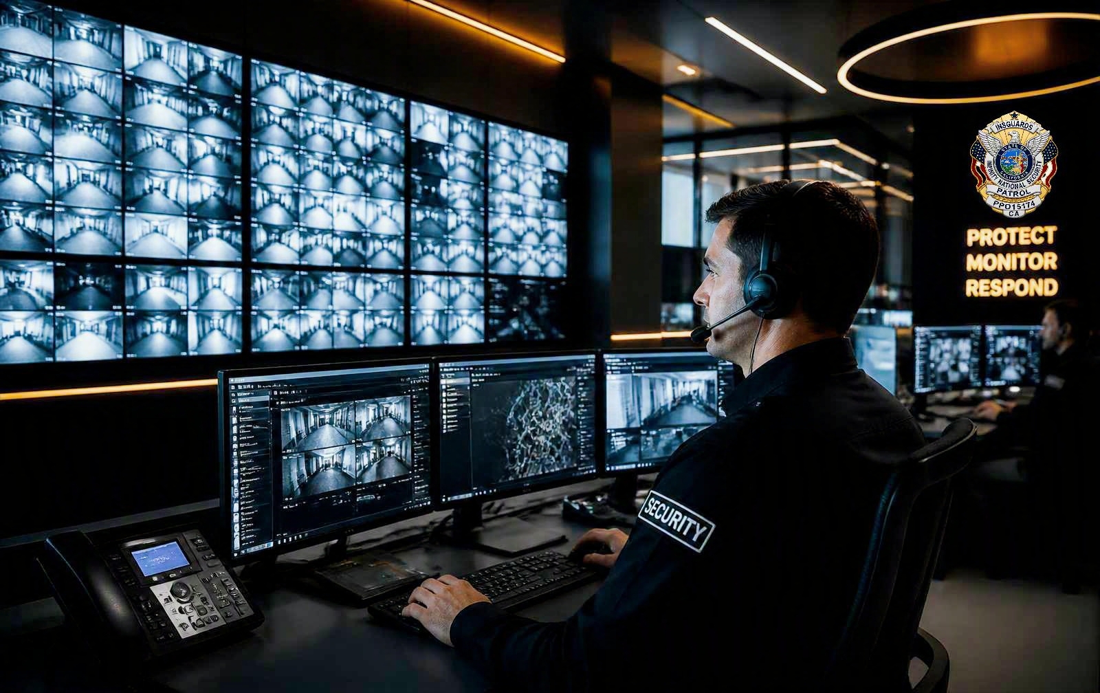 INSGUARDS dispatch center operator monitoring live CCTV feeds