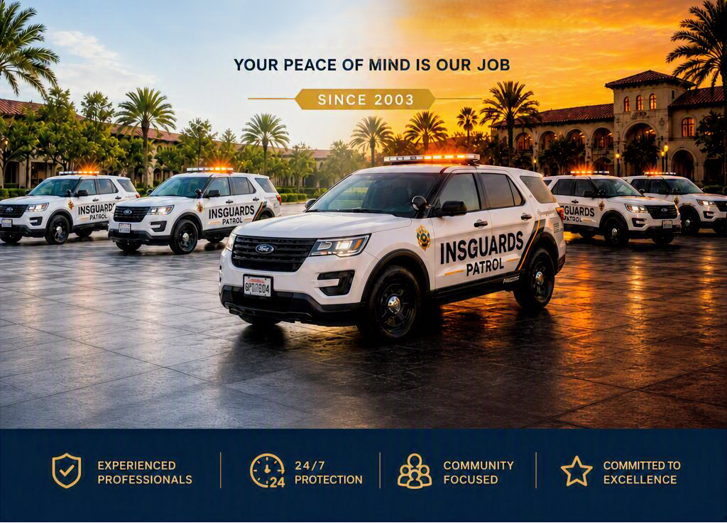INSGUARDS Patrol fleet of white marked SUVs at sunset with Your Peace of Mind Is Our Job branding